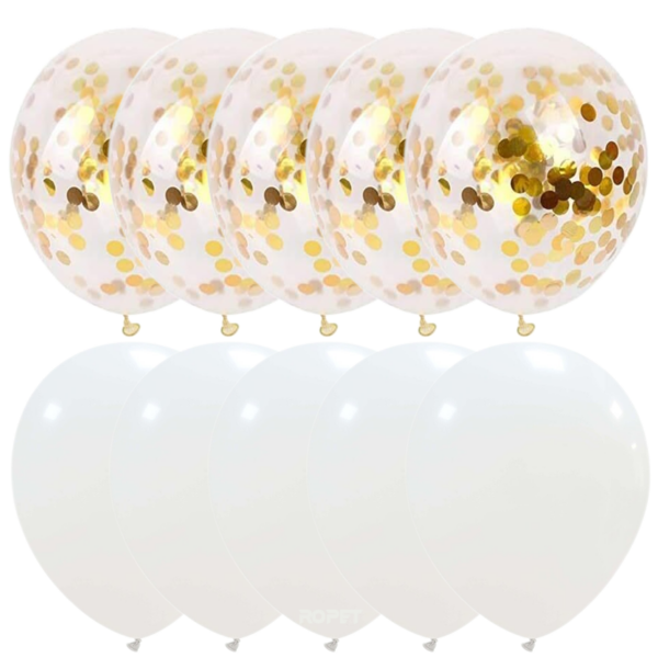 Set 10 baloane latex, confetti aurii, Alb, 30cm, Ropet - imagine 2