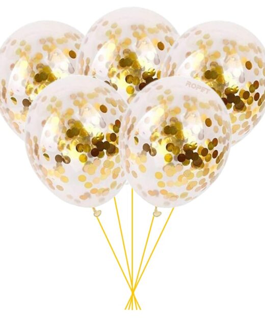 Set 5 baloane transparente cu confetti, culoare auriu, 30 cm