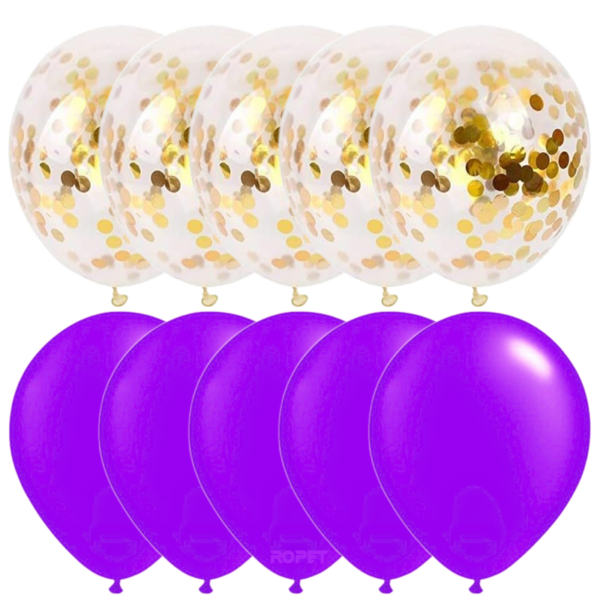 Set 10 baloane latex, confetti aurii, Mov, 30cm, Ropet - imagine 2