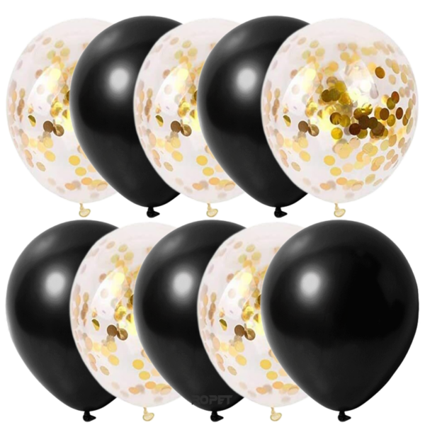 Set 10 baloane latex, confetti aurii, Negru, 30cm, Ropet