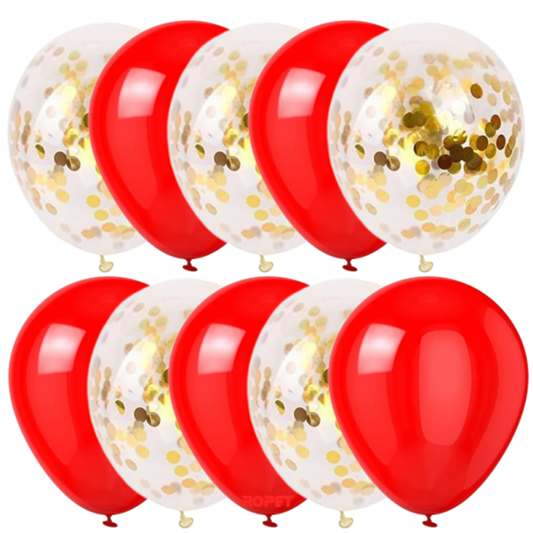 Set 10 baloane latex, confetti aurii, Rosu, 30cm, Ropet