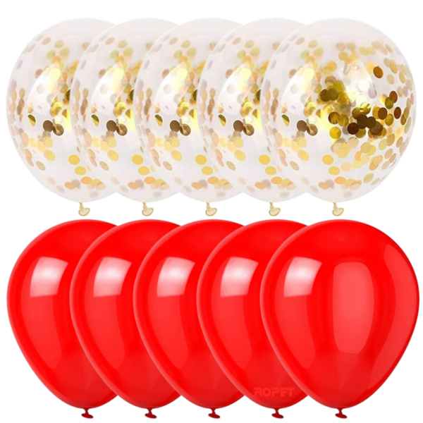 Set 10 baloane latex, confetti aurii, Rosu, 30cm, Ropet - imagine 2
