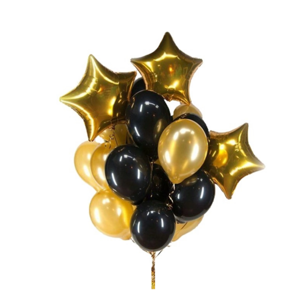 Set 13 baloane latex si folie, cu 3 stelute, Auriu/Negru, Ropet