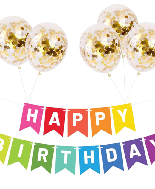 Set 5 baloane confetti auriu si banner Happy Birthday multicolor