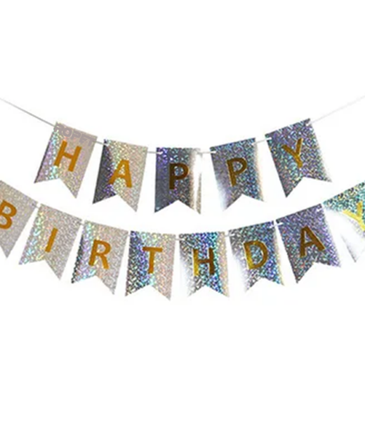 Banner Happy Birthday, Ghirlanda, 2.5m x 17cm, Argintiu Chrome, Ropet