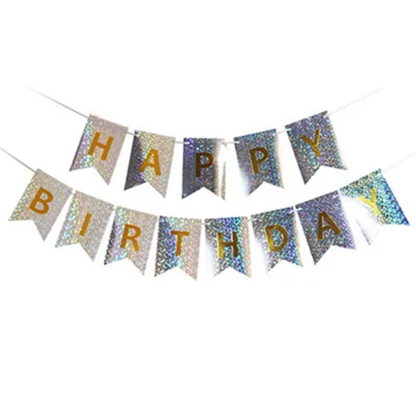 Banner Happy Birthday, Ghirlanda, 2.5m x 17cm, Argintiu Chrome, Ropet