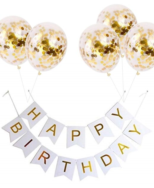 Set 5 baloane confetti auriu si banner Happy Birthday alb