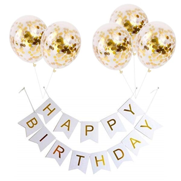 Set 5 baloane confetti auriu si banner Happy Birthday alb