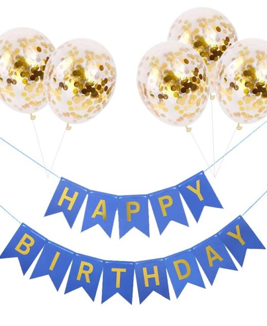 Set 5 baloane confetti auriu si banner Happy Birthday albastru