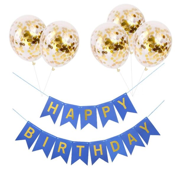 Set 5 baloane confetti auriu si banner Happy Birthday albastru