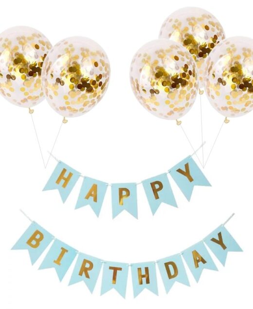 Set 5 baloane confetti auriu si banner Happy Birthday albastru deschis