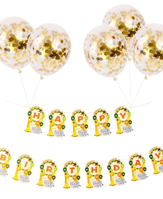 Set 5 baloane confetti auriu si banner Happy Birthday jungla