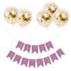 Set 5 baloane confetti auriu si banner Happy Birthday mov
