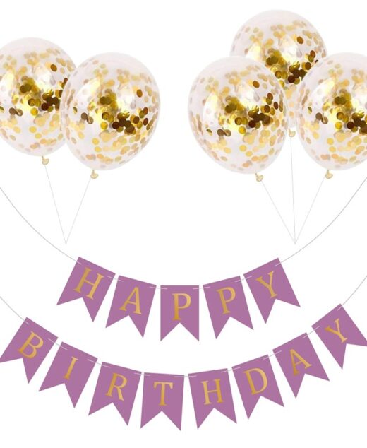 Set 5 baloane confetti auriu si banner Happy Birthday mov