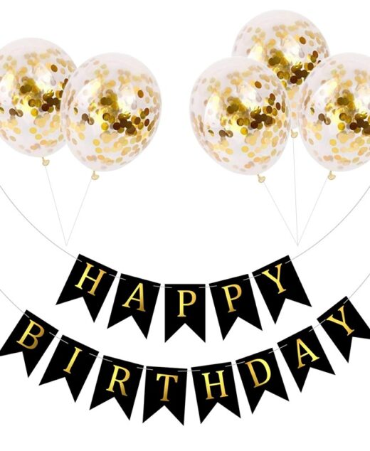 Set 5 baloane confetti auriu si banner Happy Birthday negru