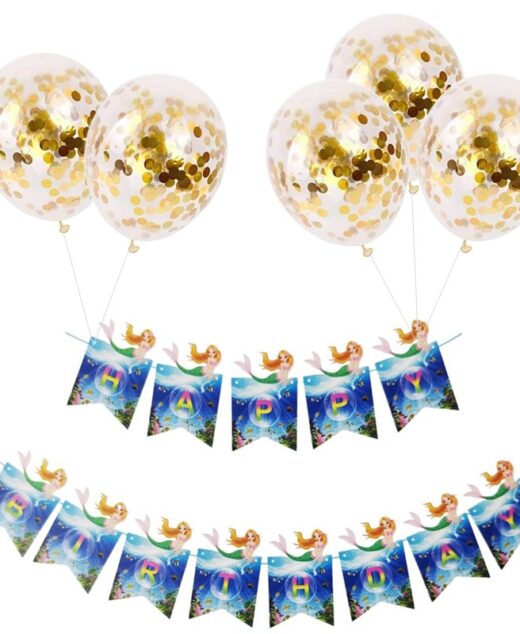 Set 5 baloane confetti auriu si banner Happy Birthday ocean, sirena