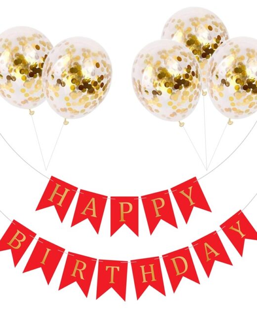Set 5 baloane confetti auriu si banner Happy Birthday rosu