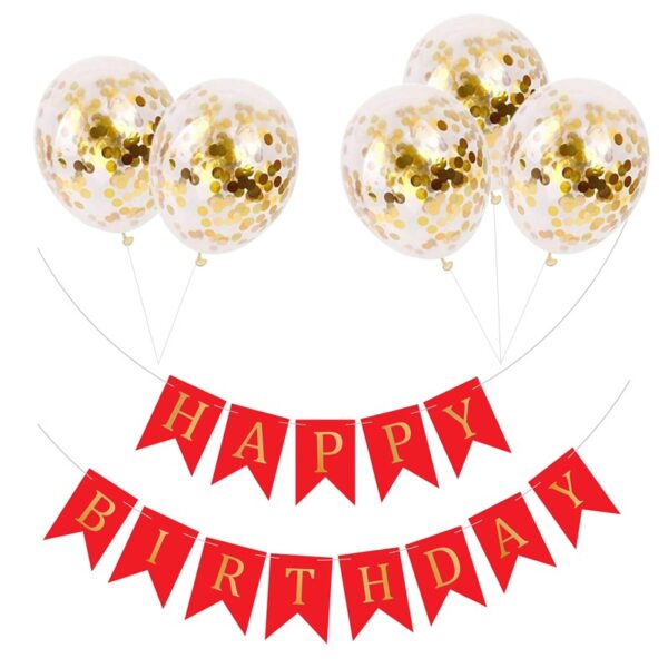 Set 5 baloane confetti auriu si banner Happy Birthday rosu