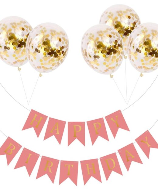 Set 5 baloane confetti auriu si banner Happy Birthday roz