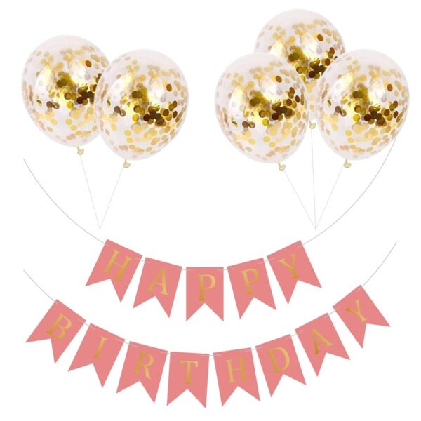 Set 5 baloane confetti auriu si banner Happy Birthday roz