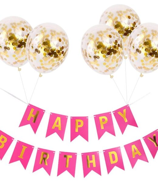 Set 5 baloane confetti auriu si banner Happy Birthday roz inchis