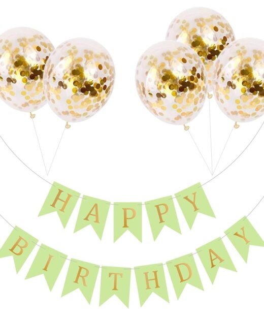 Set 5 baloane confetti auriu si banner Happy Birthday verde