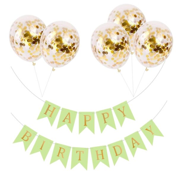 Set 5 baloane confetti auriu si banner Happy Birthday verde