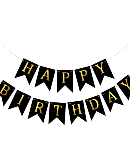 Banner Happy Birthday, Ghirlanda, 2.5m x 17cm, Negru, Ropet