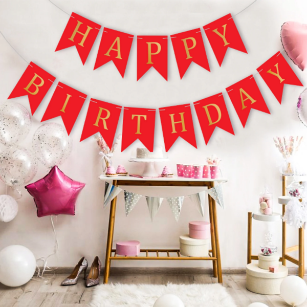 Set 5 baloane confetti auriu si banner Happy Birthday rosu - imagine 4