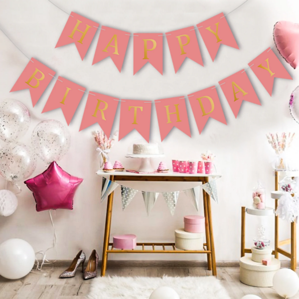 Set 5 baloane confetti auriu si banner Happy Birthday roz - imagine 4