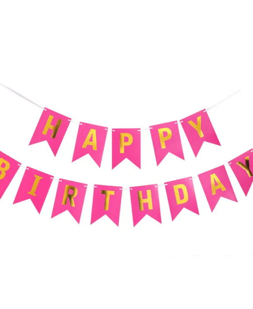 Banner Happy Birthday, Ghirlanda, 2.5m x 17cm, Roz inchis, Ropet
